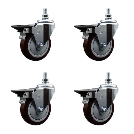 Service Caster 4 Inch Maroon Polyurethane 12 Inch Threaded Stem Caster Set with Brake SCC-TS20S414-PPUB-MRN-PLB-121315-4